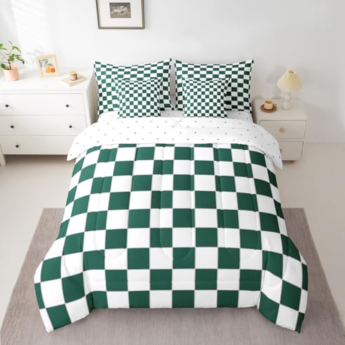 Image of Erosebridal Aesthetic Checkered Twin Bed in A Bag 7 Piece White Green Checkerboard Bedding Set,Buffalo Plaid Grid Comforter Set with Sheets for Kids Teen Adults Geometric Gingham Bed Set