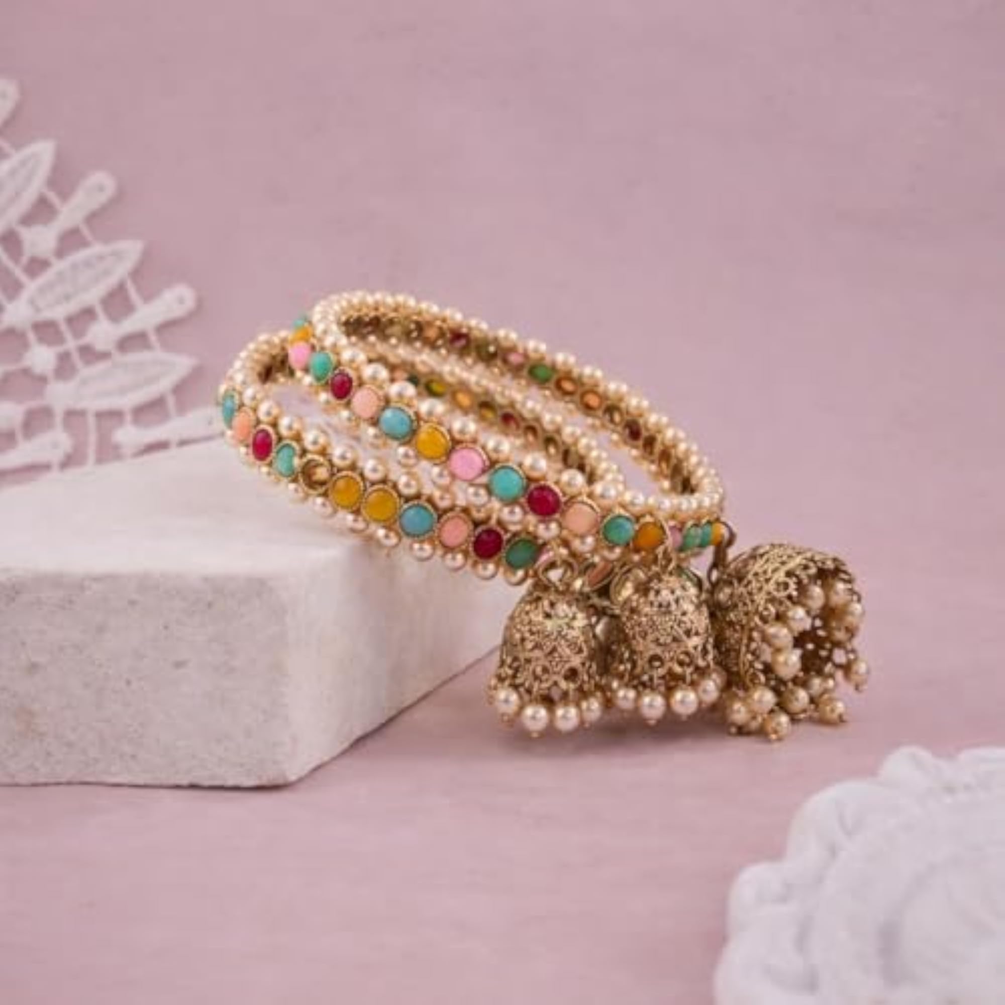 Gold Plated Multicolor Stone Bangles Set