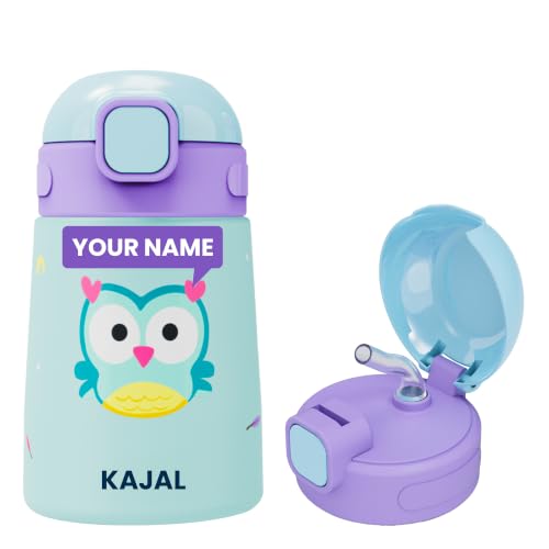 Image of rabitat Milo Personalized Stainless Steel Water Bottle 350ml | 2 Year Brand Warranty | BPA Free | Leakproof Steel Sipper Bottle for Kids | Flip Lock Lid with Straw | Easy Carry Handle Sky Hoot