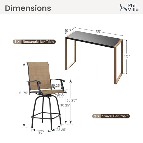 image for PHI VILLA 3 Piece Outdoor Bar Set, High Top Patio Table and Chairs wit