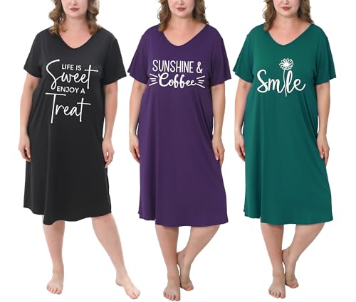 3 Pack Plus Size Nightgowns V Neck Nightshirts Short Sleeve Printed Sleepwear Soft Loungewear for Women