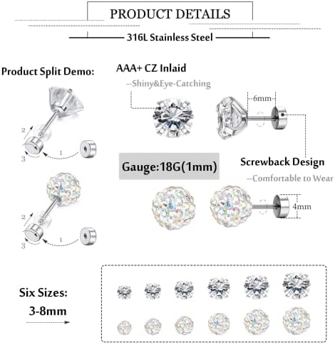 Diamday 10Pairs 18G Stud Earrings for Women Stainless Steel Flat Back Earrings Tragus Cartilage Piercing Ear Multipack Cubic Zirconia Hypoallergenic Earrings Set