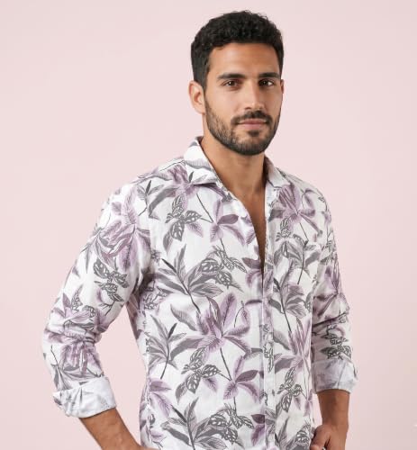 Image of UNM Men's Casual Shirt, Tropical Leaf Print on White