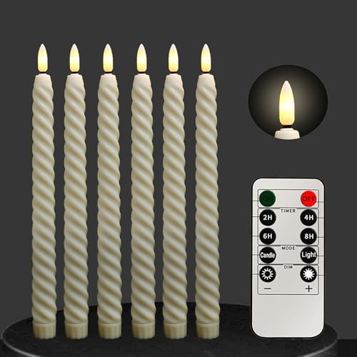 Lot de 6 Bougies LED Flambeaux, Bougies sans Flamme avec Télécommande et Minuterie, Fonctionne à Piles, Effet Vacillant, Déco Noël, Mariage, Halloween, Cheminée, 2 x 25 cm (Beige)