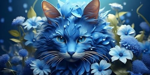 Diamond Painting Adulte DIY Fleur Bleue grand format 40x90cm broderie diamant chat