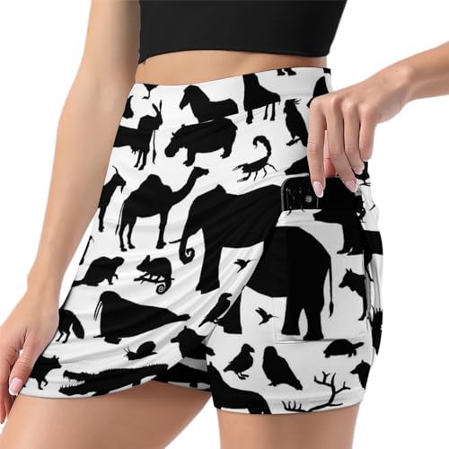Jupe de tennis noire animaux femme avec short intégré et poche de sport
