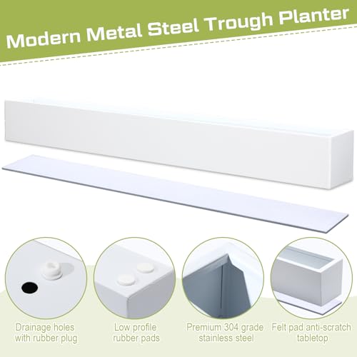 FillTouch Long Rectangular Planter Box Window Sill Plant Box Metal Water Trough Indoor Large Modern Steel with Drainage Holes Herb Garden Home(32 x 3.5 x 3.5 Inch,White)