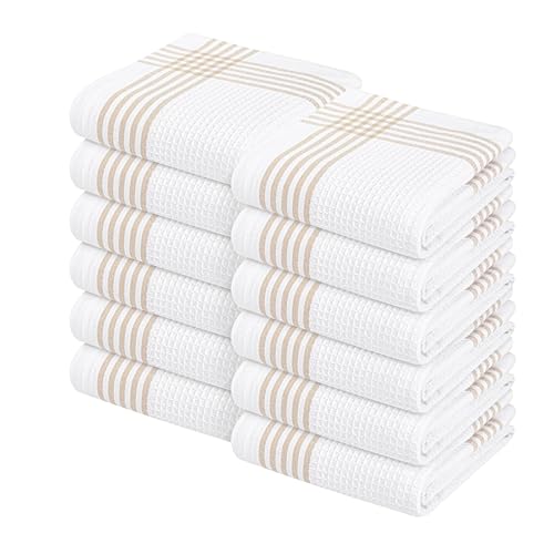Image of Waffle White & Beige Kitchen Dish Towels 12 Pack, 100% Cotton, 16x26 inches, Durable Dish Cloths Set, Quick Dry Kitchen Rags, Everyday Use Cooking and Cleaning Hand Towels, Bar Towel