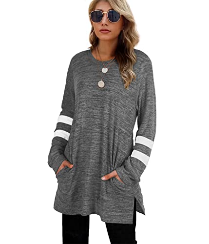 Womens Plus Size Sweaters Fall Long Sleeve Tunics Women's Tops With Pockets Grey 2Xl #TOP4