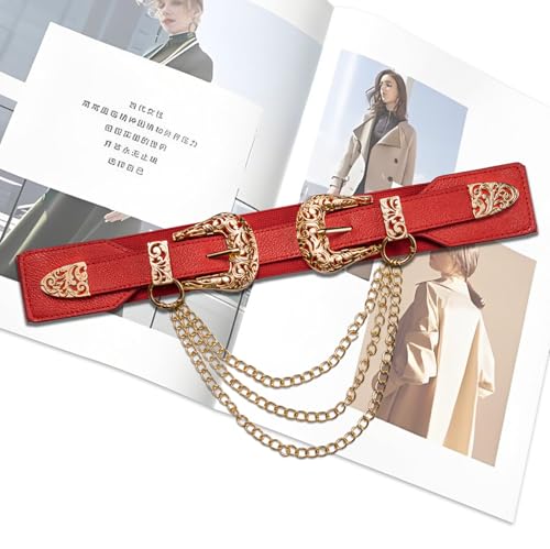 Image of Dubulle Womens Belt Chain Leather Belts Vintage Western Adjustable Elastic Double Buckle for Cowboy Pant Dress