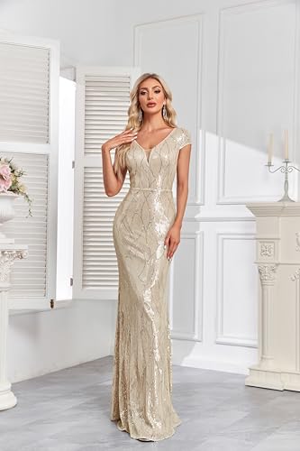 Image of XUIBOL Womens Sequined Short Sleeves Long Formal Dress with V-Neck for Evening Event Nightout Club Gown Silver Paillette Silver S