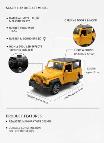 Image of Amisha Gift Gallery Thar Diecast Metal Toy Car for Kids, Yellow, 1:32 Scale | Pull Back Action, Openable Doors, Mini Jeep SUV Model Vehicle, Lights & Sound, Collectible