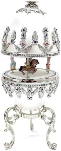 Pierre Lorren Silver Faberge style Eggs Musical Carousel HANDCARVED Natural Egg Austrian Crystal Diamonds HANDMADE PLUS Silver White Faberge Egg Diamond Necklace Perfect New Mother Gift for Birthday