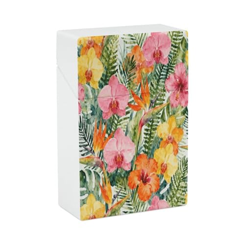 Estuche de plástico con flores tropicales de colores, tamaño normal, estilo vintage, con capacidad para 20 cigarrillos, tamaño king y funda protectora.