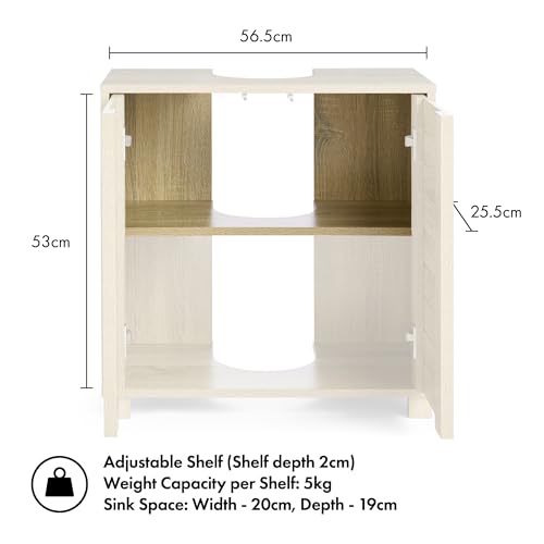 VonHaus Under Sink Bathroom Cabinet - Oak Wood Effect Under Sink Storage with Handleless Design - Freestanding Below Basin Cabinet with 2 Internal Shelves - Basin Cupboard for Bathroom - Chester - Image 6