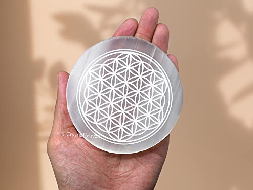 Image of Certified Selenite Crystal Charging Plate, 4 Inch Engraved Flower of Life Selenite Plate for Crystal Cleansing Re-Energy Work, Meditation and Pooja - Flower of Life