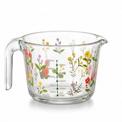 Vaso medidor de vidrio floral 500 ml con pico y asa