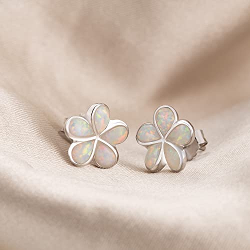 925 Sterling Silver Created Opal Hawaiian Plumeria Flower Stud Earrings, Nickel Free Hypoallergenic for Sensitive Skin, Rhodium Finished, Gift Box Included2