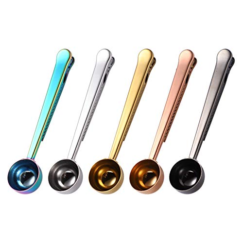 Set of 5 Coffee Scoop Clip,2-in-1 Stainless Steel Coffee Measuring Spoon with Sealing Clips, Kitchen Craft Long Handle Spoon Bag Clip for Coffee, Milk Powder, Oatmeal, Tea,Spices -Multicolor
