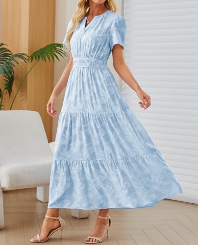 Image of Women's Maxi Dresses Boho Burnout V Neck Short Puff Sleeve Smocked Empire Waist Long Wedding Guest Semi Formal Dress Pockets