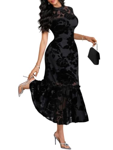 Image of GothDark Women's Summer Floral Mesh Ruffle Casual Maxi Wedding Guest Dress