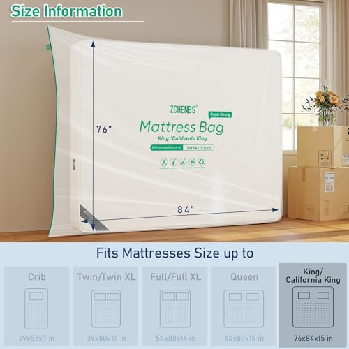 Image of ZCHENBS - King Mattress Bags for Moving, Waterproof Storage Bag with Zipper, Heavy-Duty 5 Mil Ultra-Thick California King Mattress Protector Cover for Moving, Reusable (Transparent /Green, 1 Pack)