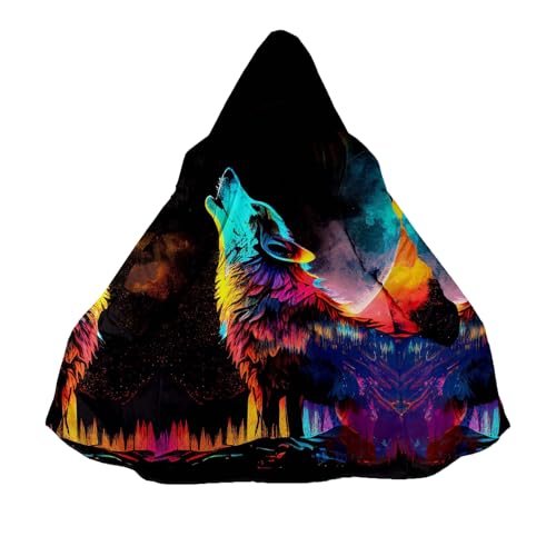 Wolf 3D Print Parka, Winter Warm Coat Faux Cashmere Hooded Jacket for Men, Novel Wolf Totem Cloak Outerwear