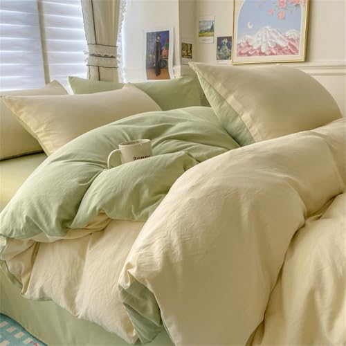 Juego de Cama de algodón Liso con sábana, Funda nórdica, Fundas de Almohada, Individual, para Parejas, tamaño King, Queen, Doble, Twin, Matcha Amarillo Leche, 200 x 230, 4 Piezas
