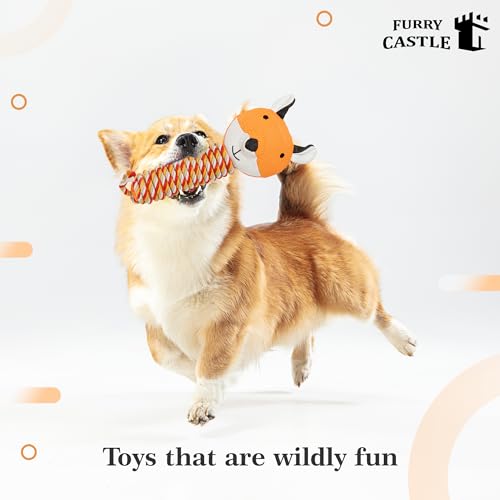 Image of Knitted Fox Handle with Rope Dog Toy 100% Polyester, Cotton Cord with Squeakers- Orange