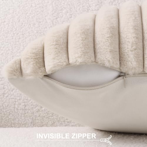 Pallene Faux Fur Plush Throw Pillow Covers 16x16 Set of 2, Luxury Soft Fluffy Striped Decorative Pillow Covers for Sofa, Couch, Living Room, Apricot