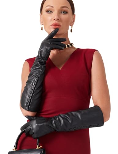 VIKIDEER Side Button Long Leather Gloves for Women with Plush Lining Warm Elegant for Evening Opera or Daily Black Large