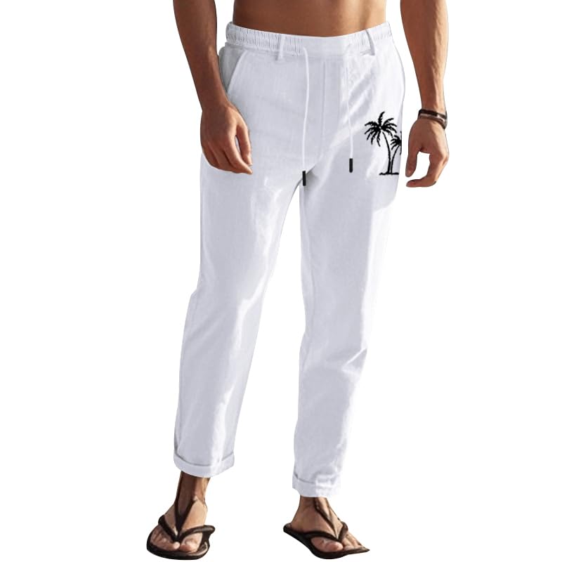 Men’s Linen Pants Summer Drawstring Elastic Waist Trousers Hawaiian Tree Print Wide Leg Casual Pants with Pockets