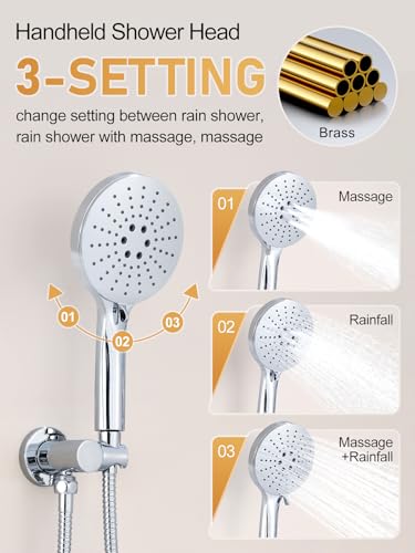 Image of Woindo Shower Faucet Set 10 inch Rain Shower Head /8'' Side Shower Head and 3 Setting Handheld Ceiling Mount 3 Push Button Diverter Complete Rainfall Round Shower System Included Valve Trim Kit