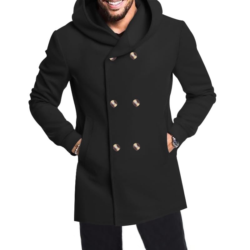 Mens Mid Long Trench Coat with Hood Winter Double Breasted Pea Coat Warm Lapel Work Business Jacket Windproof Overcoat3