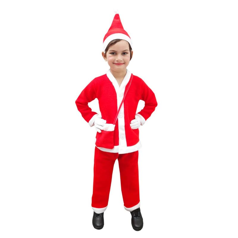 Image of ITSMITSMYCOSTUME Santa Claus Dress for Christmas Costume Complete Set for Kids /Girls /Boys (Jacket,Pant,Hat,Pouch,Specs,Socks,Belt)-Red & White Fancy Dress (No Gloves)