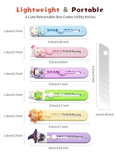 Image of 6 Pack Box Cutter Retractable, Sharp Utility Knife Retractable, Cute Box Cutters for Office, Home, Arts Crafts, Cartons, Cardboard Multi-Colors
