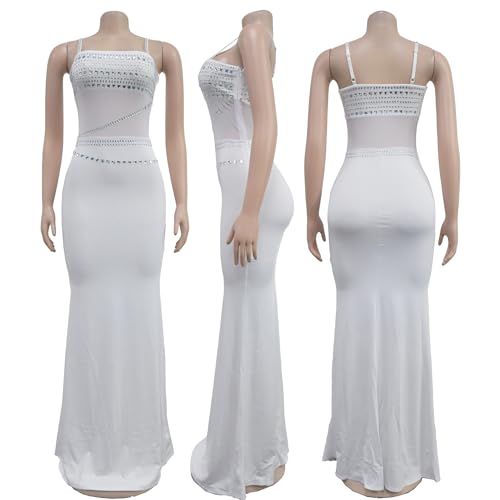 Image of Jigfar Women Sexy Elegant Rhinestone Mesh See Through Party Club Night Split Bodycon Formal Maxi Dress
