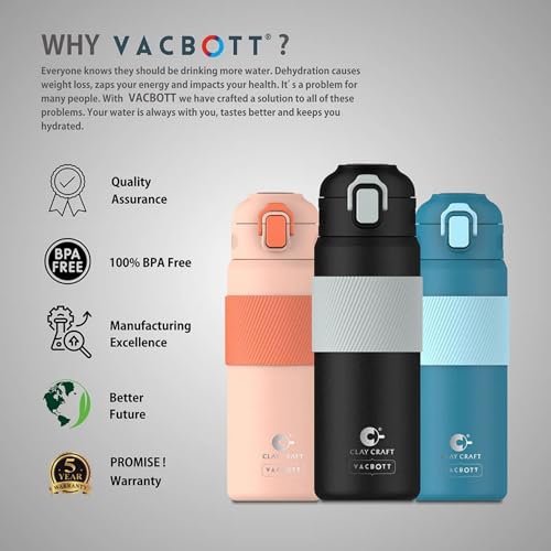 Image of Clay Craft VACBOTT Amber Double Walled 24 Hours Hot and Cold Water Bottle-700ML, 2-Piece(Black) Leak Proof|Easy to Carry|Gym Bottle|Home|Kitchen|Hiking|Travel Bottle|BIS Certified|Made in India