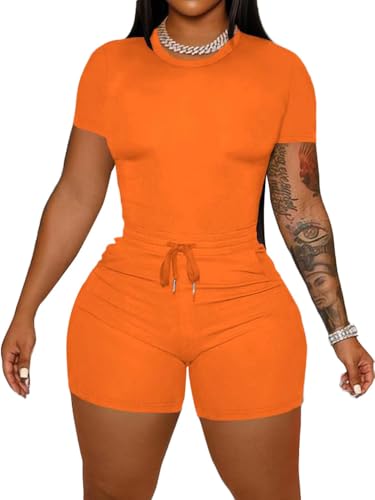HBQ Womens 2 Piece Outfits Summer Sweatsuits Track Suits Crop Tops Biker Short Workout Jogger Sets Orange XL