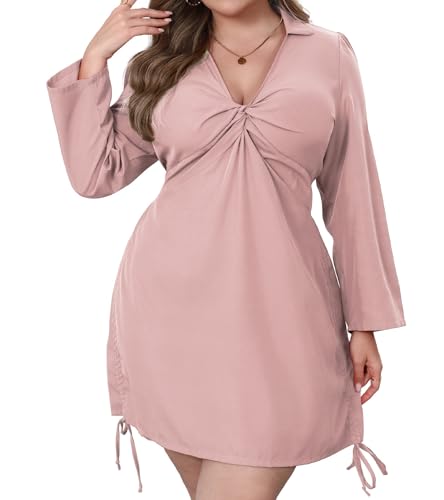 Image of VillbeCoser Women's Plus Size Dress Long Sleeve V Neck A Line Mini Short Cocktail Summer Casual Dress