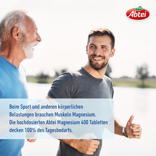 Abtei Magnesium 400 - hochdosiertes Magnesium für aktive Muskeln - bei Sport und körperlicher Belastung - Deckt 100% des Tagesbedarfs - Vegan, glutenfrei, laktosefrei - 1 x 30 Tabletten