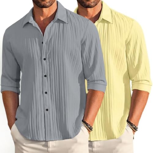 Image of FINIVO FASHION Men's Cotton Blend Shirt Set Lightweight, Full Sleeves, Plain Texture, Button Closure, Summer Ready (Pack of 2)
