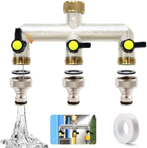 3 Wege Verteiler Wasser 3/4 zoll, Wasseranschluss Verteiler mit Adapter 1/2, WasserhahnVerteiler mit Kugelhahn, Wasserhahn Wasserverteiler, GartenschlauchVerteiler, Wasseranschluss