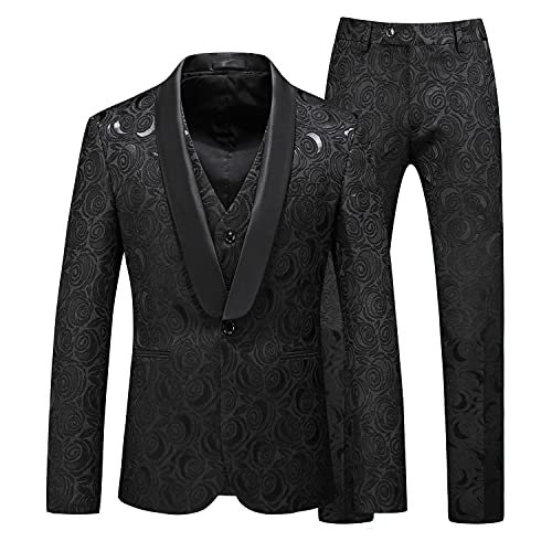 MOGU Men’s 3-Piece Slim Fit Suit Set Floral Tuxedo with Shawl Lapel One-Button Blazer Vest Elastic Waist Pants Party Outfit