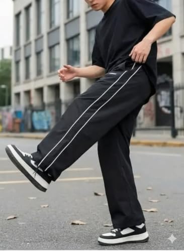 Image of Men's Relaxed Loose Fit Track Pants for Gym Workout Running Casual Wear Sports Lower with Pockets Adjustable Drawstring Waist Lightweight Quick Dry Activewear Fitness Black L