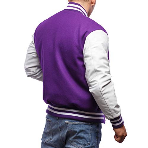 Image of Varsity Base Letterman Jacket (Purple Wool, White Leather, Small)