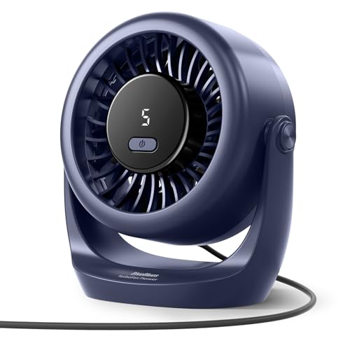 Diveblues Ventilador USB de mesa, potente hasta 6 m/s, pantalla LED, 5 velocidades, rotación de 360°, mini ventilador silencioso, portátil para casa, oficina, exteriores, cocina y camping-TurboBreeze