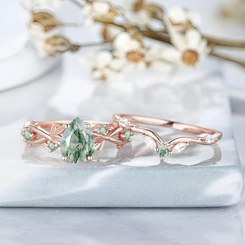 High-grade Natural Moss Agate Engagement Ring Set for Women 925 Sterling Silver 10K 14K 18K Gold Leaf Art Deco Genuine Green Moss Agate Bridal Promise Ring for Wedding Size4-122