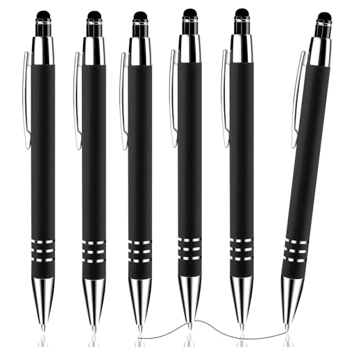 Andibro Lot de 6 stylos rétractables 2 en 1 - Pointe de 1 mm - Encre noire - Stylo multifonction métal pour écrans tactiles (noir)