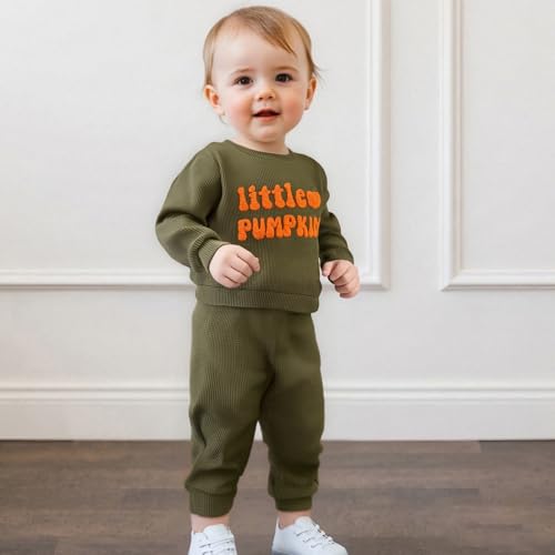 Karuedoo Toddler Baby Boy Halloween Outfit Little Pumpkin Embroidered Waffle Knit Sweatshirt and Pants Set 2Pc Fall Clothes3